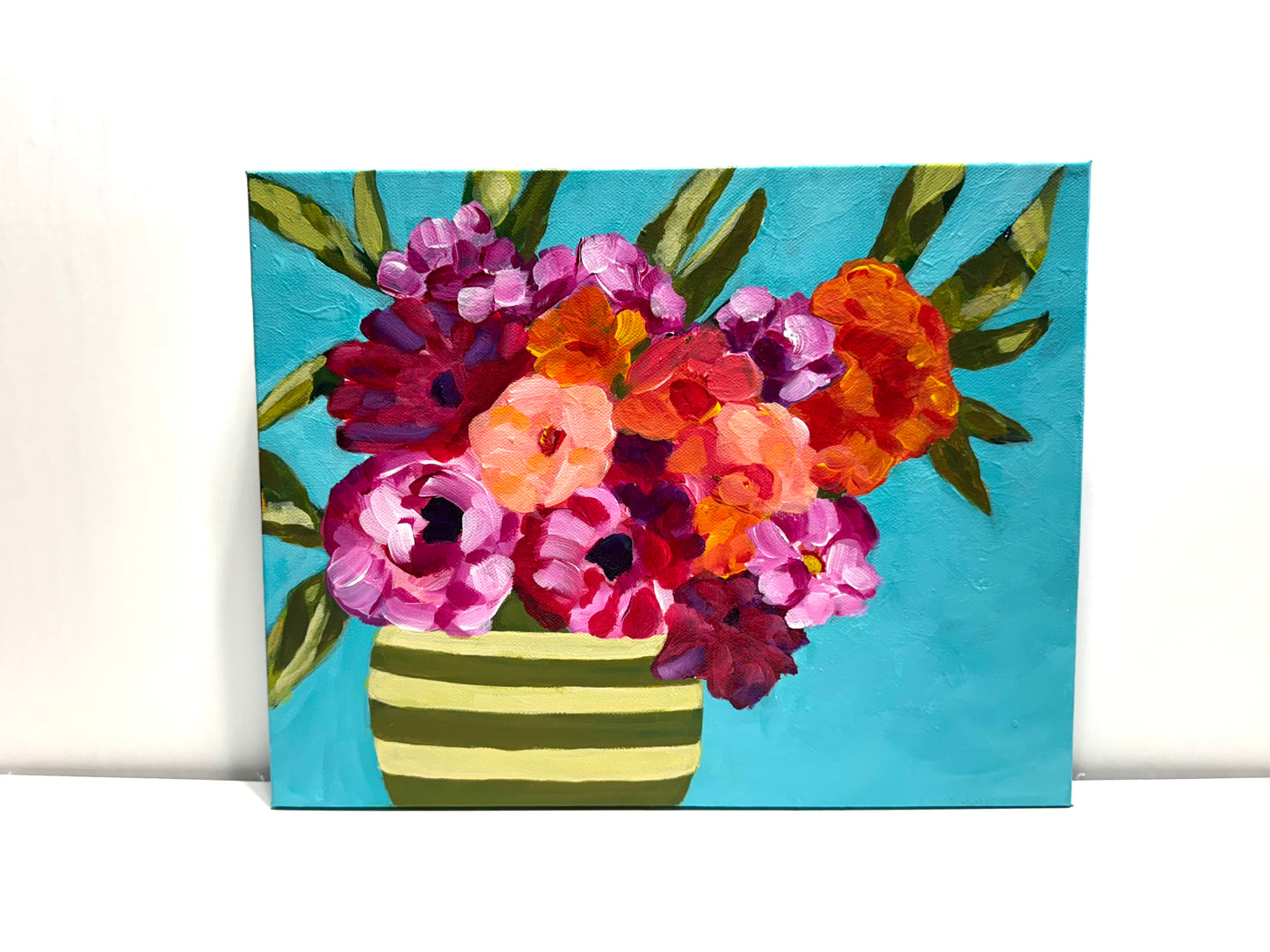 Bucket of Summer Blooms Colorful flower bouquet painting