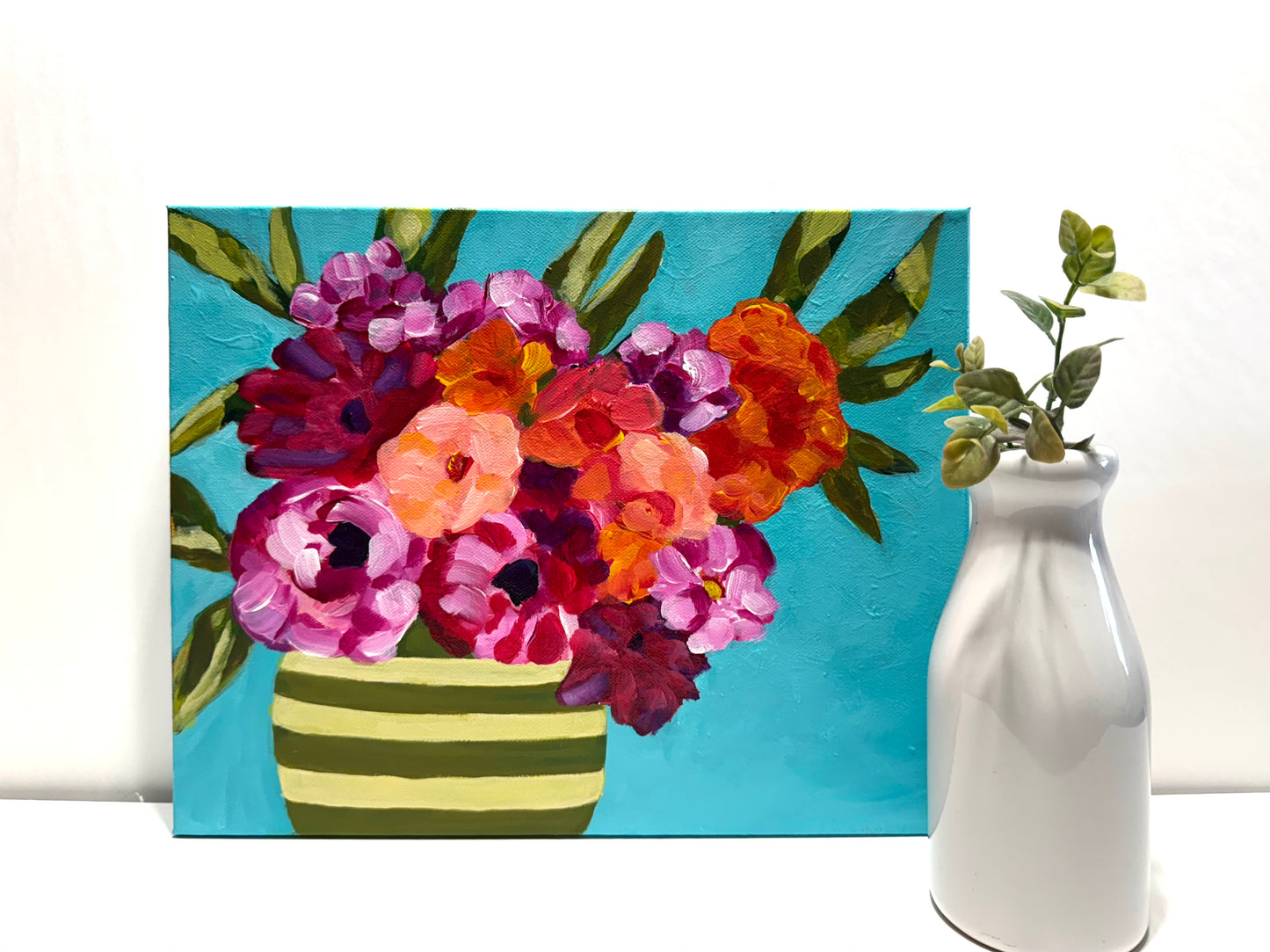 Bucket of Summer Blooms Colorful flower bouquet painting