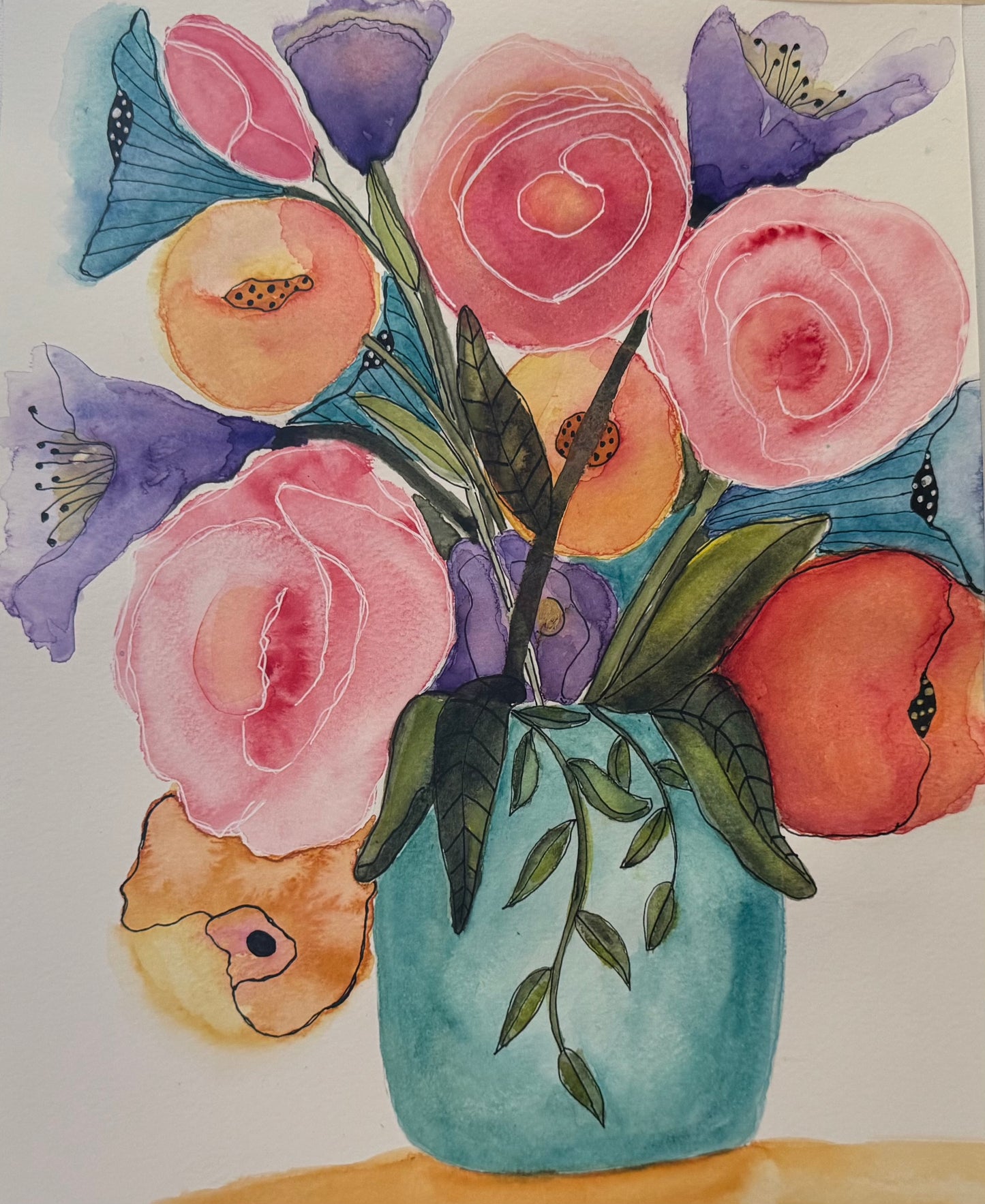 Aqua Shores Watercolor Painting Floral Bouquet Vase Original Art