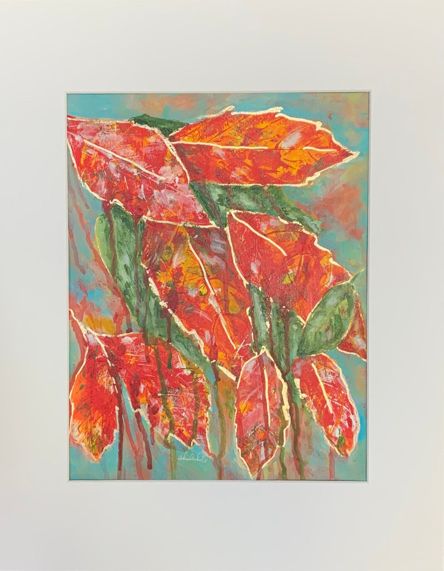 Fall Leaf Abstract Painting with Gold Accents Botanical Season change Autumn colors Matted to frame one of a kind accent decor
