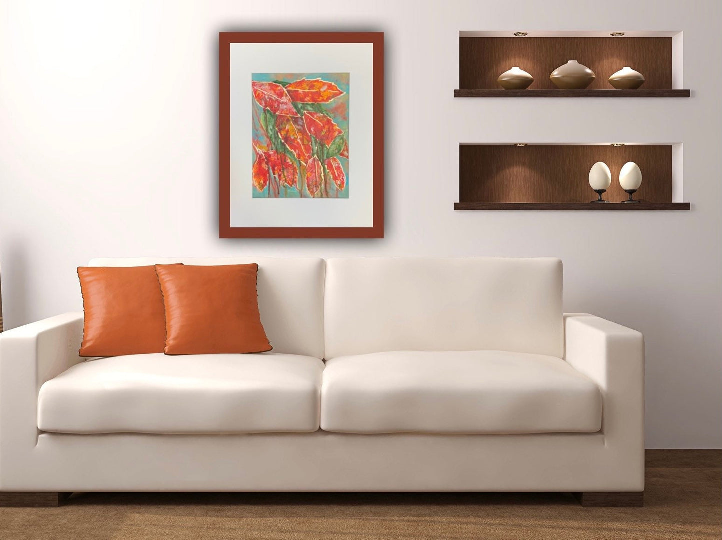 Fall Leaf Abstract Painting with Gold Accents Botanical Season change Autumn colors Matted to frame one of a kind accent decor