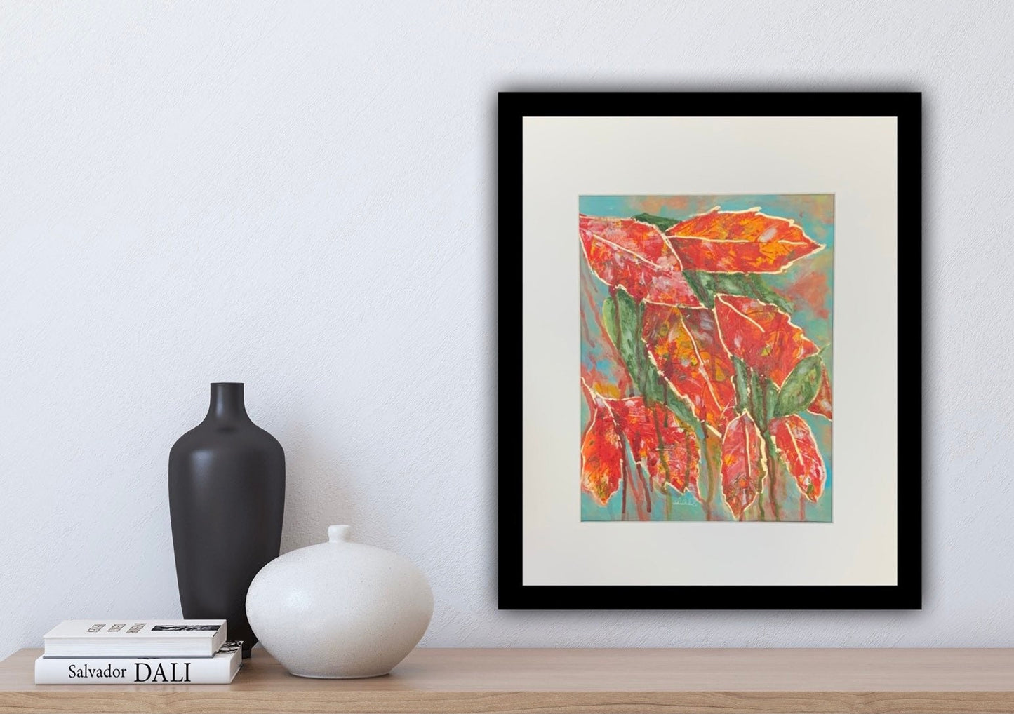 Fall Leaf Abstract Painting with Gold Accents Botanical Season change Autumn colors Matted to frame one of a kind accent decor