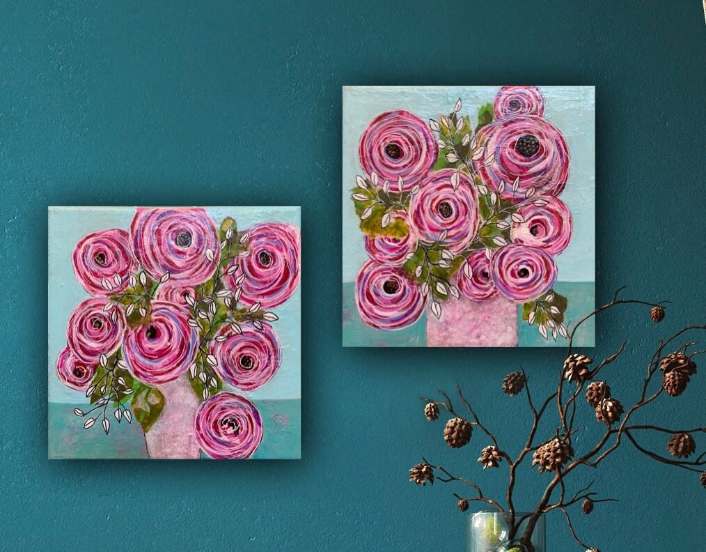 Whirling Blooms Roses painting Set of 2 in Rainbow colors Whimsical expressionist painting One of a kind nature wall art Garden