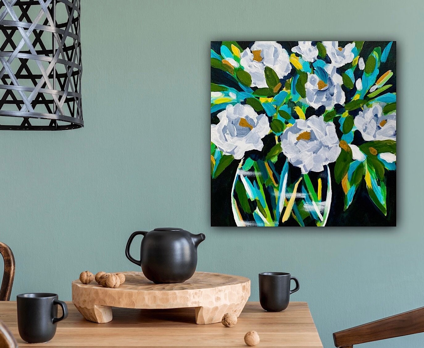White flowers in vase classical painting Garden decor Eye catching color botanical design Nature home accent Feminine decor