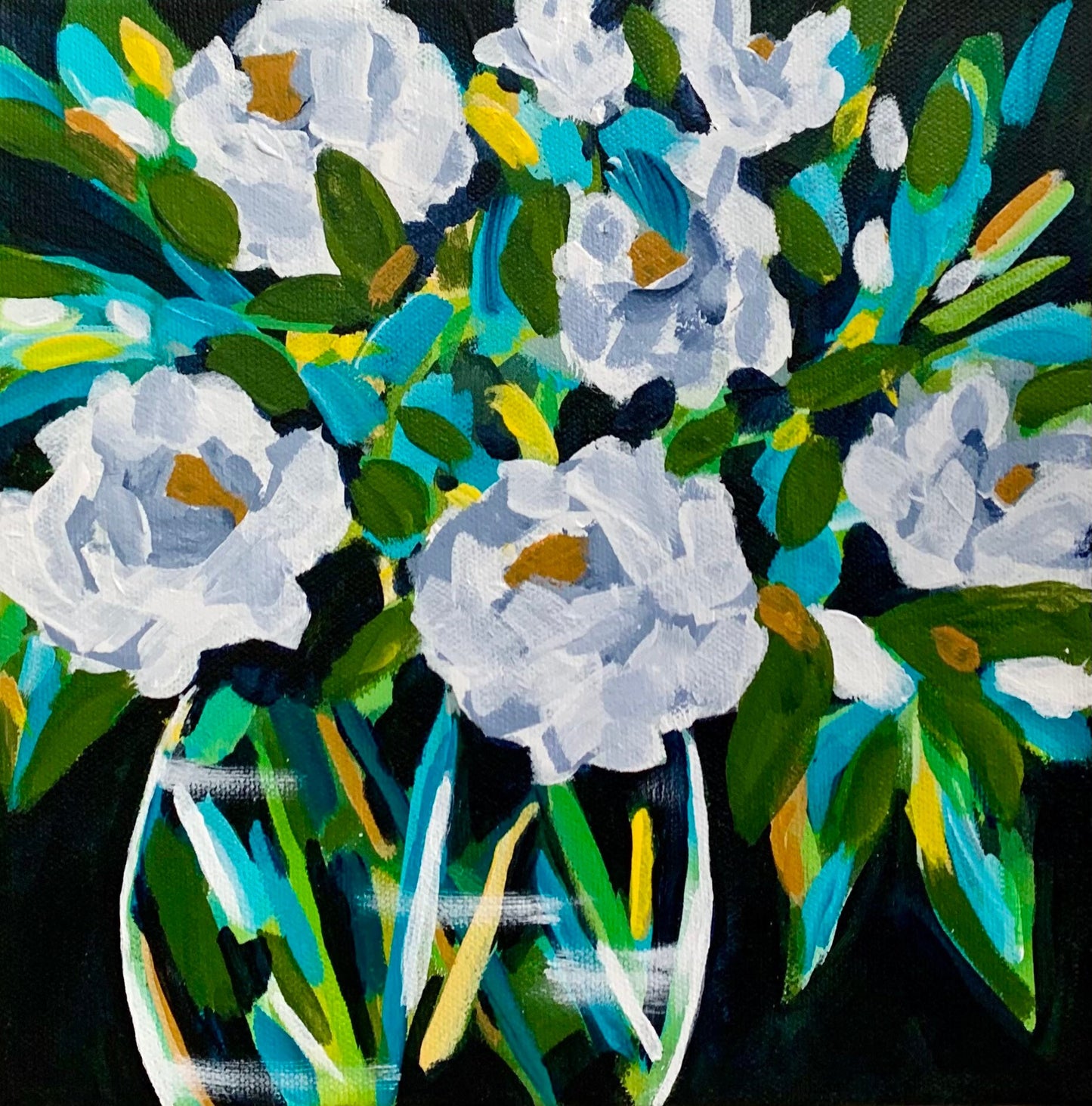 White flowers in vase classical painting Garden decor Eye catching color botanical design Nature home accent Feminine decor
