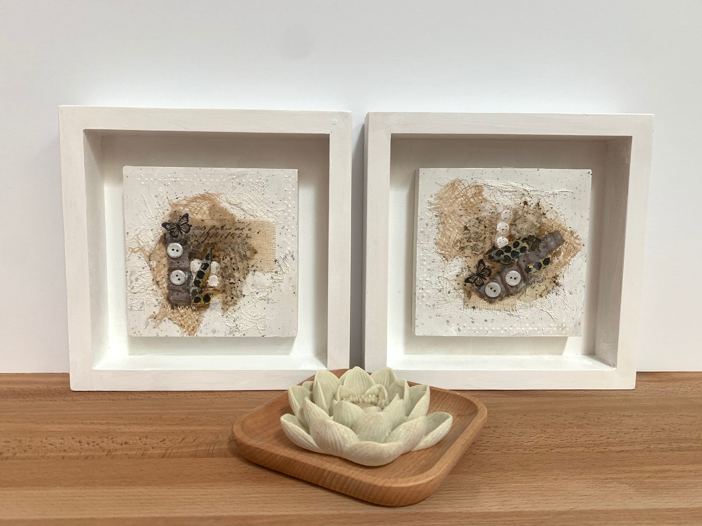 Cream and Lace abstract collage artwork set One of a kind frame neutral color wood lace classic decor housewarming gift original artwork