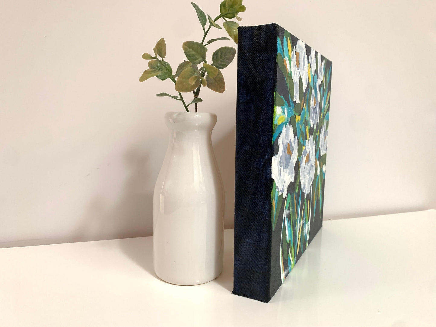 White flowers in vase classical painting Garden decor Eye catching color botanical design Nature home accent Feminine decor