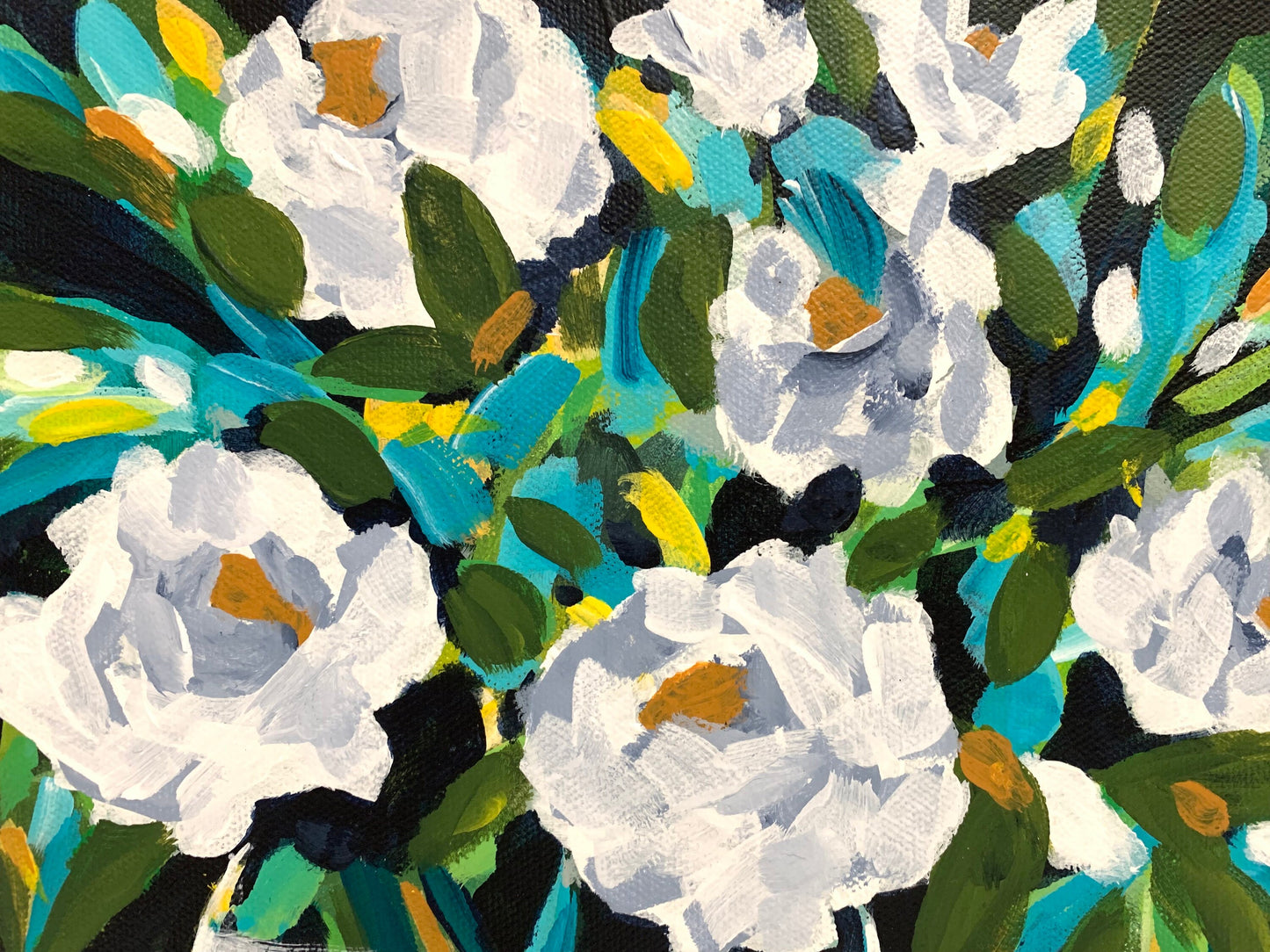 White flowers in vase classical painting Garden decor Eye catching color botanical design Nature home accent Feminine decor