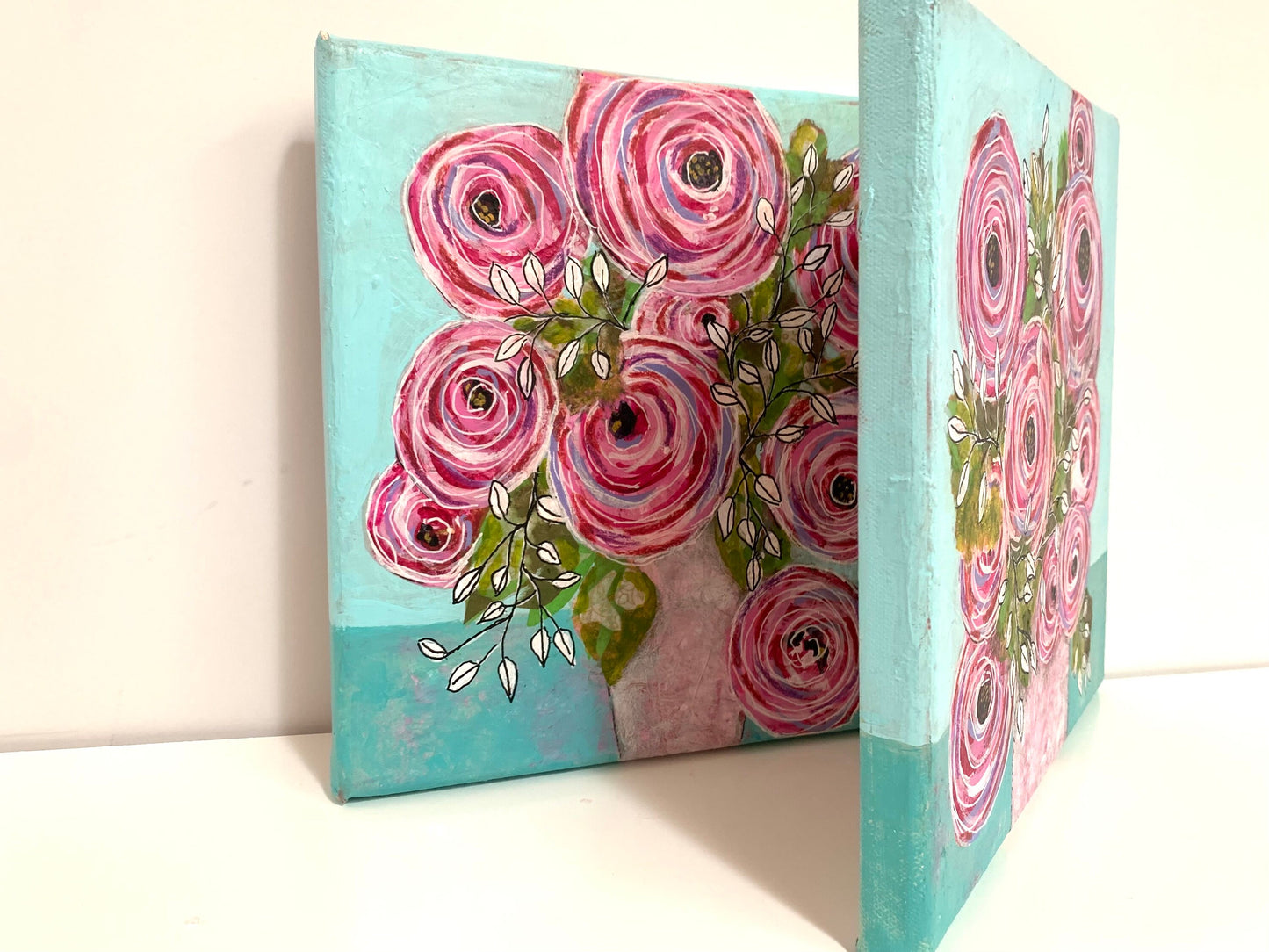 Whirling Blooms Roses painting Set of 2 in Rainbow colors Whimsical expressionist painting One of a kind nature wall art Garden