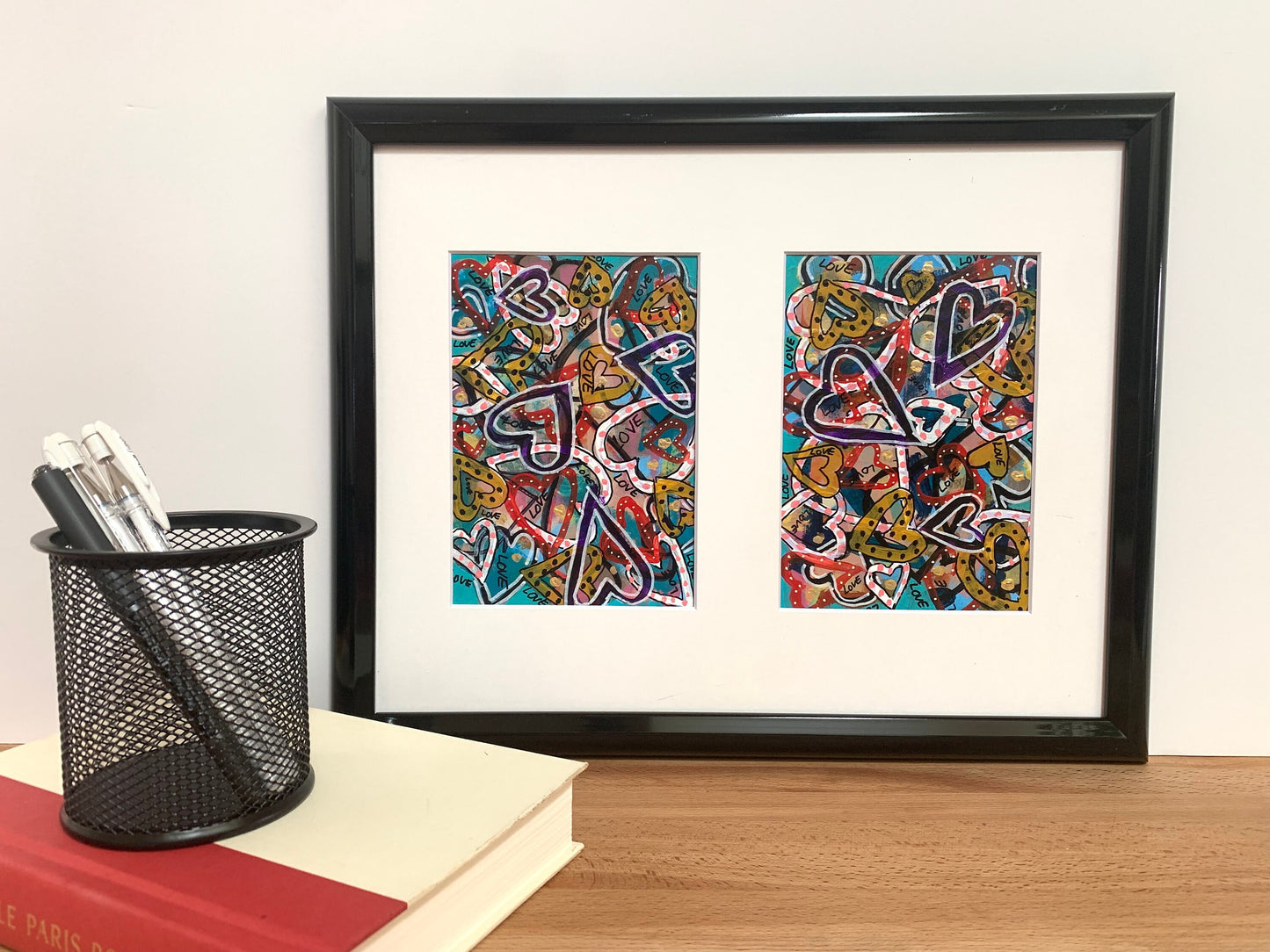 Colorful Graffiti Hearts Love Double Painting for home decor Perfect appreciation gift Rainbow color art Black frame to sit on shelf or hang