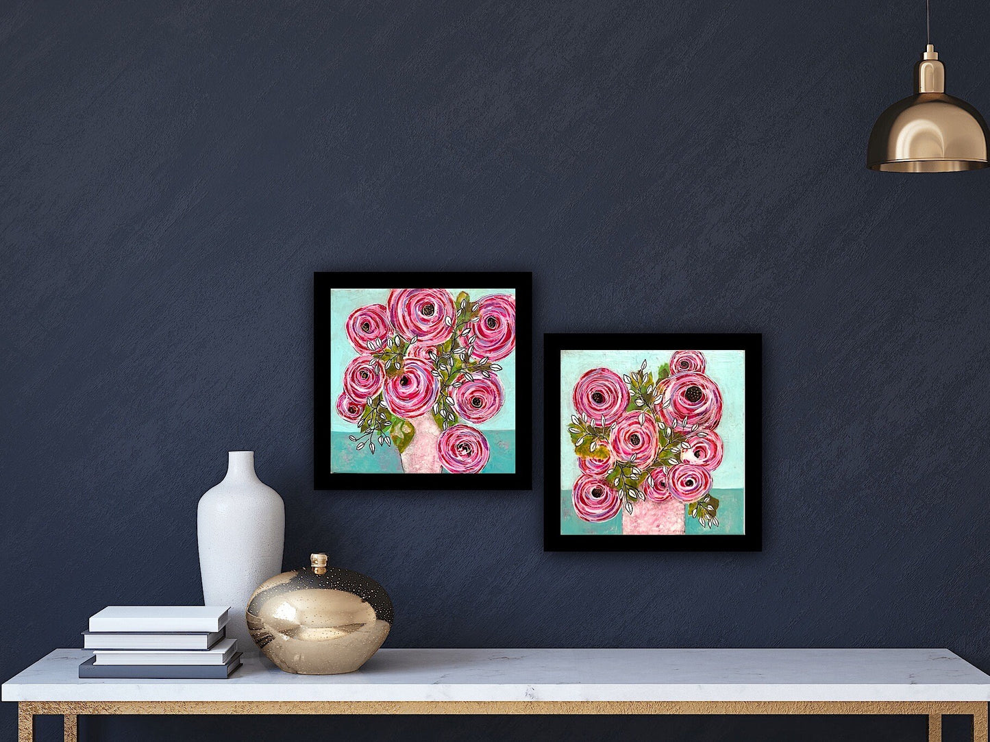 Whirling Blooms Roses painting Set of 2 in Rainbow colors Whimsical expressionist painting One of a kind nature wall art Garden