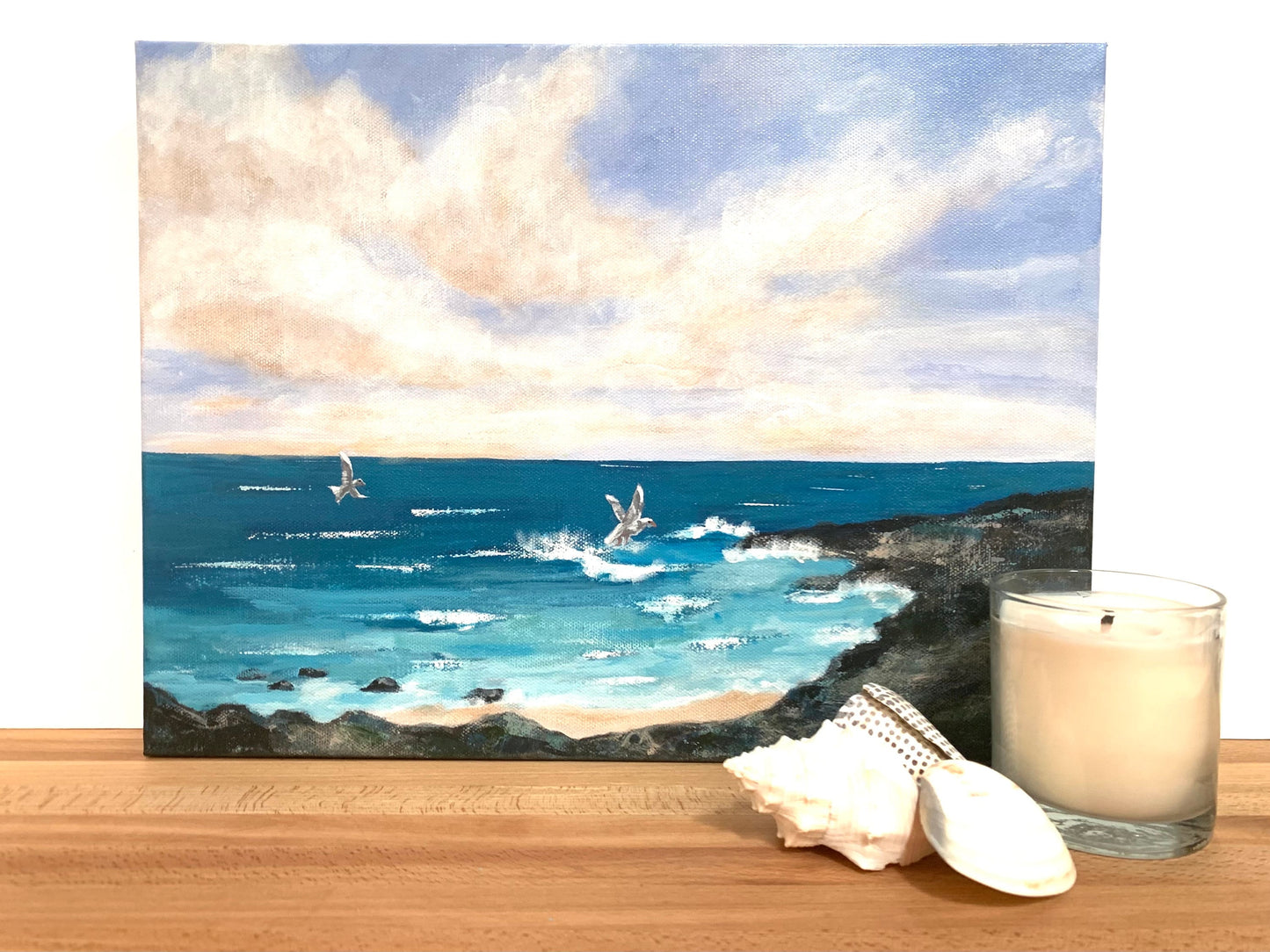 Ocean Cliffs Painting Beach life Ocean lover Gift Original painting Soothing Seascape Decor Waves Beach decor Coastal art Seagulls Sand Wave
