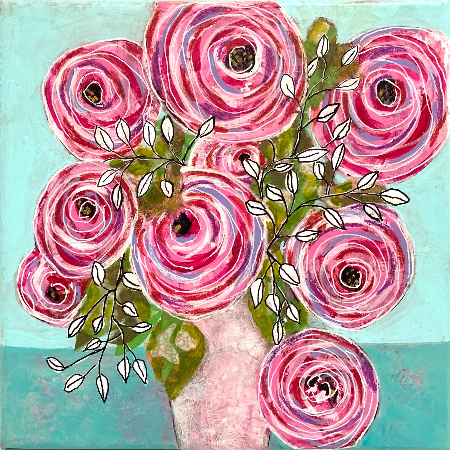 Whirling Blooms Roses painting Set of 2 in Rainbow colors Whimsical expressionist painting One of a kind nature wall art Garden
