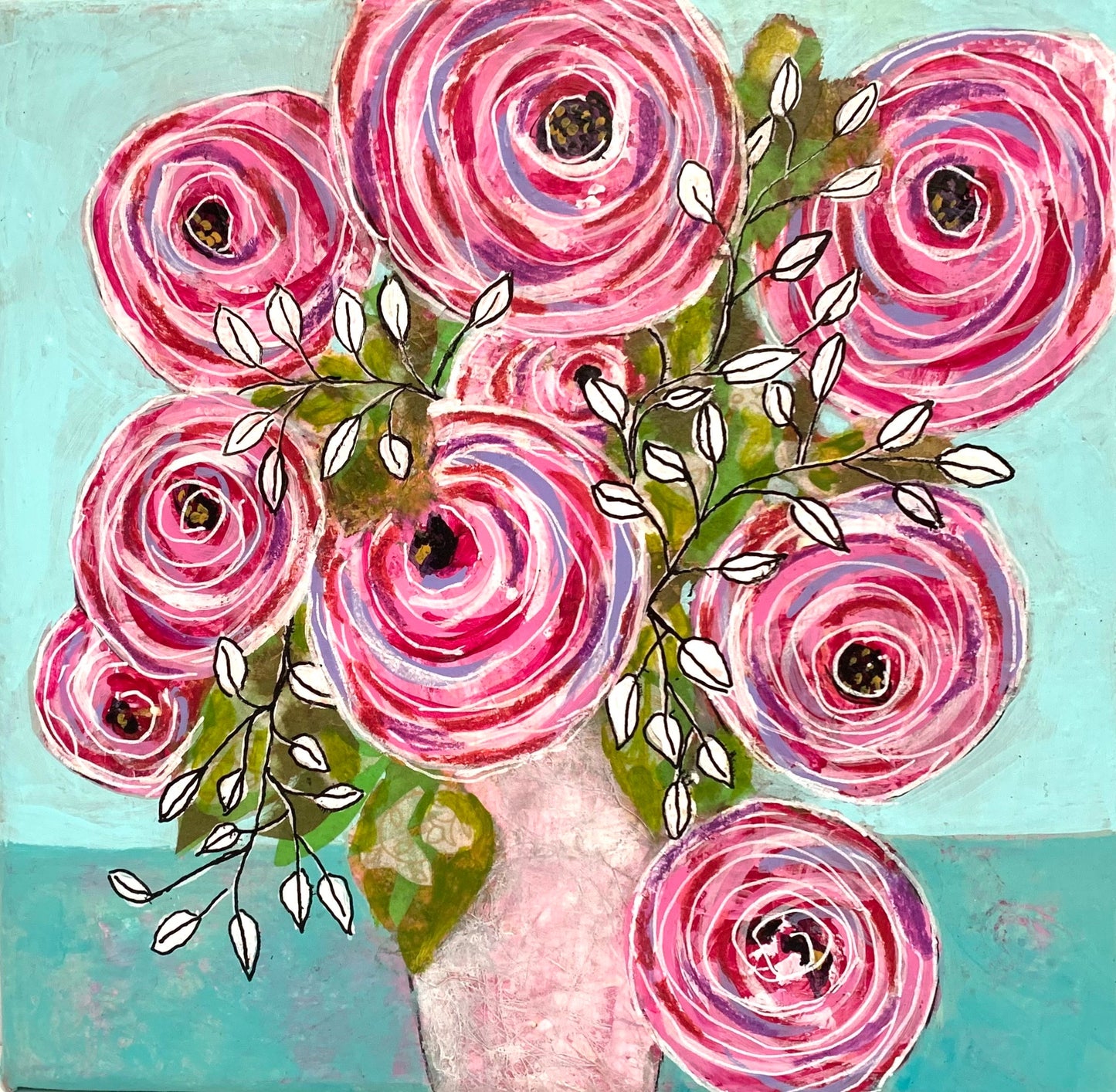 Whirling Blooms Roses painting Set of 2 in Rainbow colors Whimsical expressionist painting One of a kind nature wall art Garden