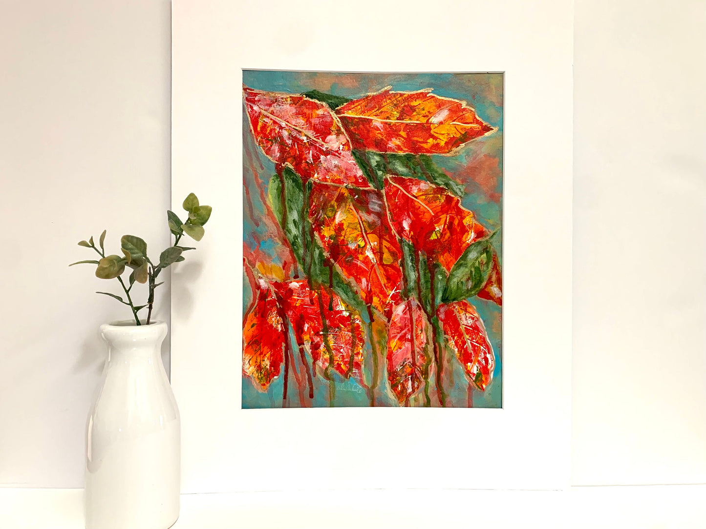 Fall Leaf Abstract Painting with Gold Accents Botanical Season change Autumn colors Matted to frame one of a kind accent decor