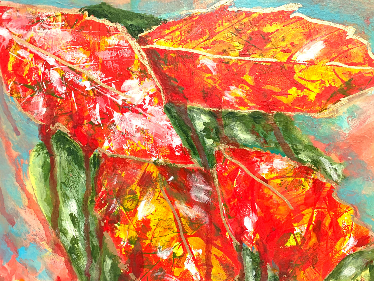 Fall Leaf Abstract Painting with Gold Accents Botanical Season change Autumn colors Matted to frame one of a kind accent decor
