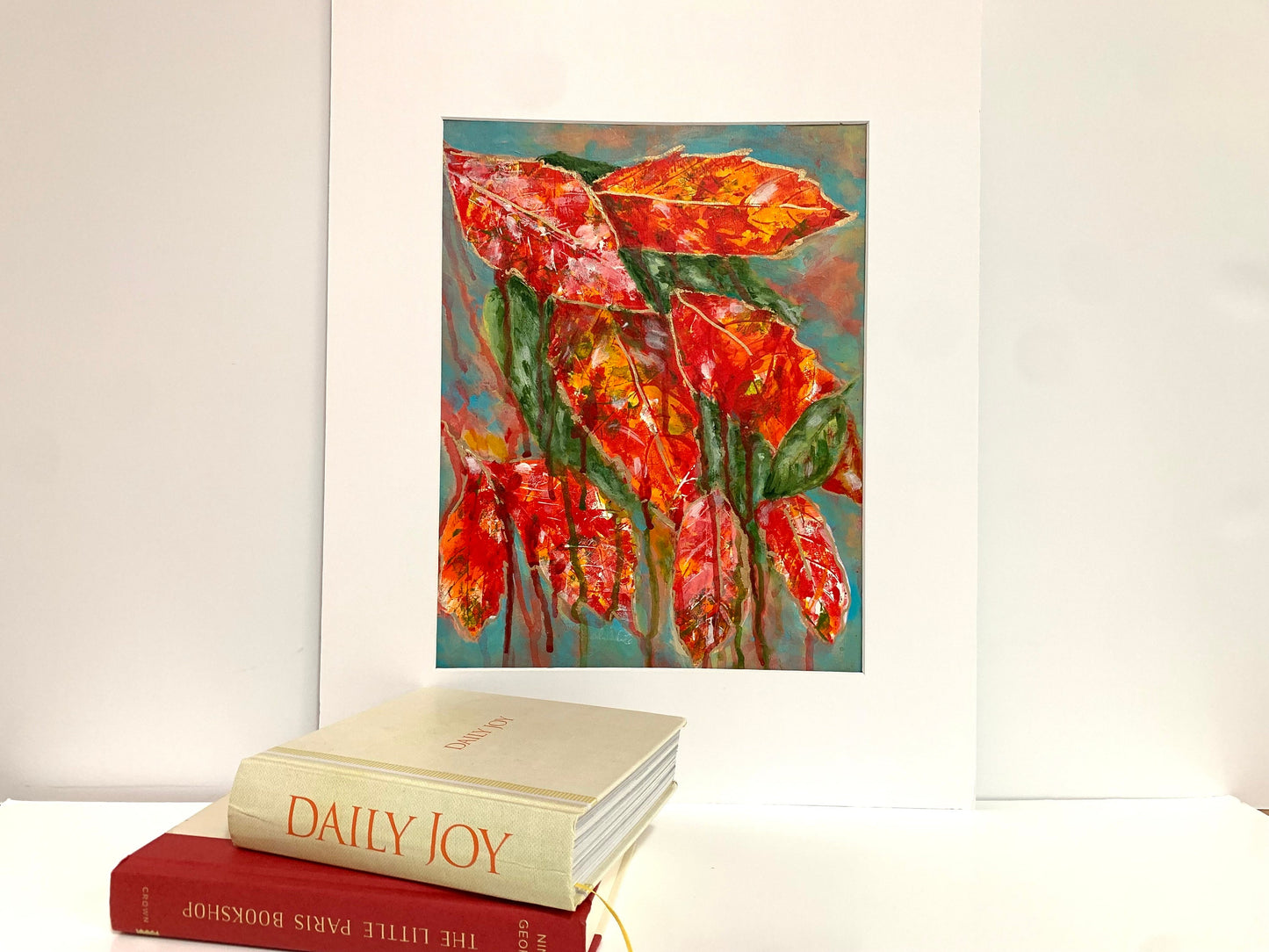 Fall Leaf Abstract Painting with Gold Accents Botanical Season change Autumn colors Matted to frame one of a kind accent decor