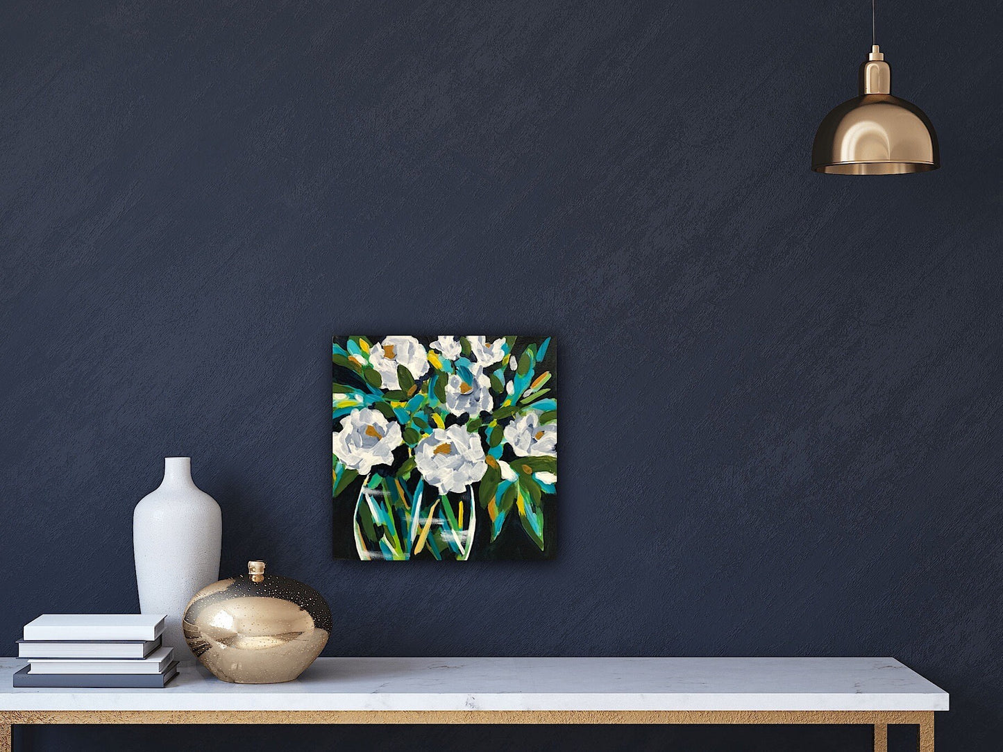 White flowers in vase classical painting Garden decor Eye catching color botanical design Nature home accent Feminine decor