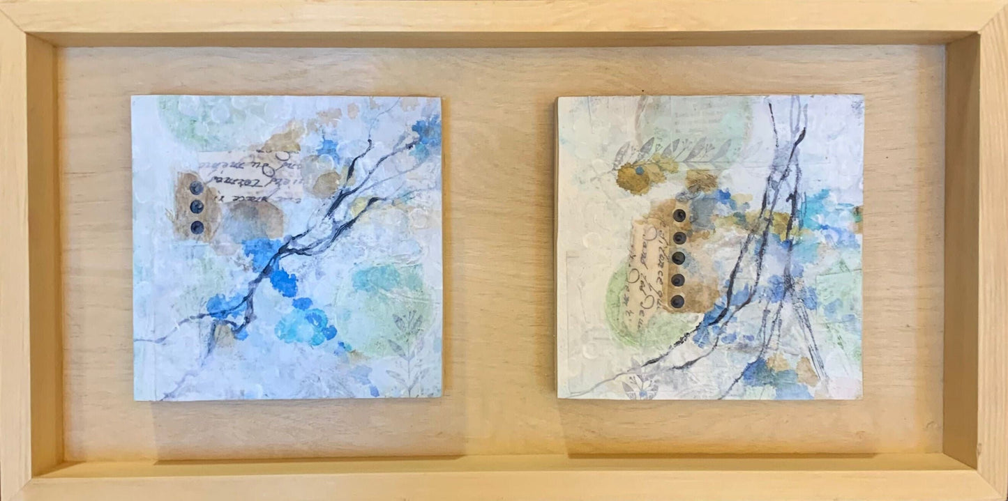 Blue Mood II collage art One of a kind natural wood soothing decor housewarming gift original artwork nature accent framed wallart
