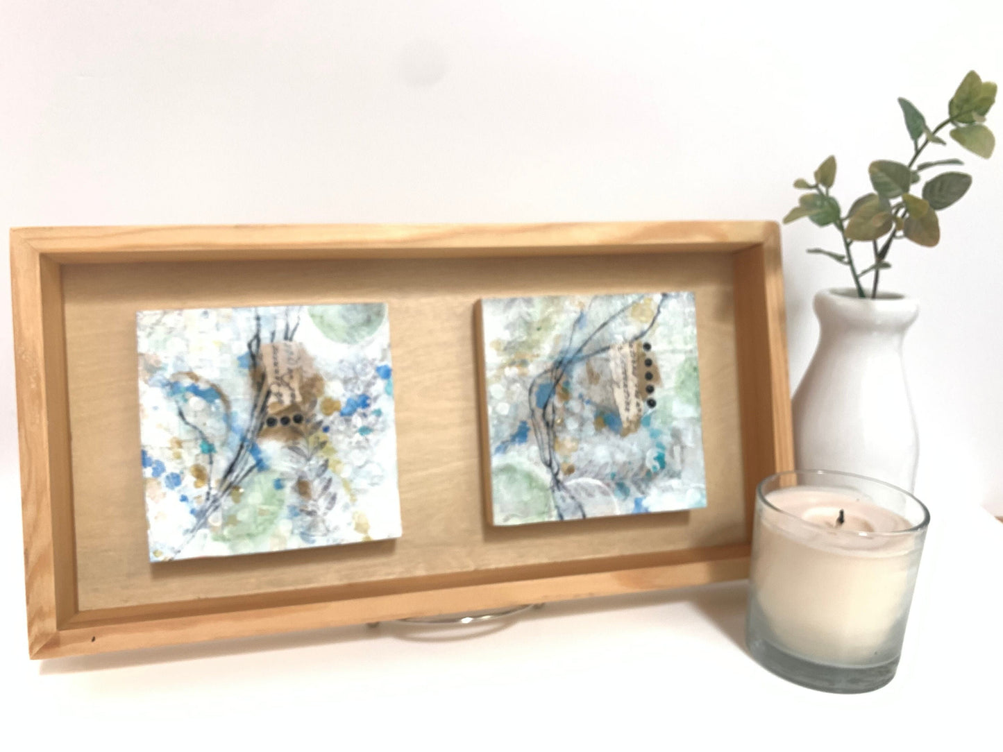 Blue Mood 1 collage art One of a kind natural wood soothing decor housewarming gift original artwork nature accent framed wallart