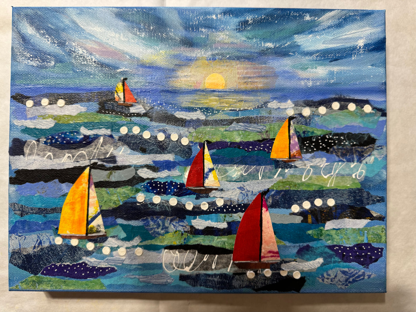 Seascape Sailboat Collage: Original Ocean Wave Painting, Coastal Art