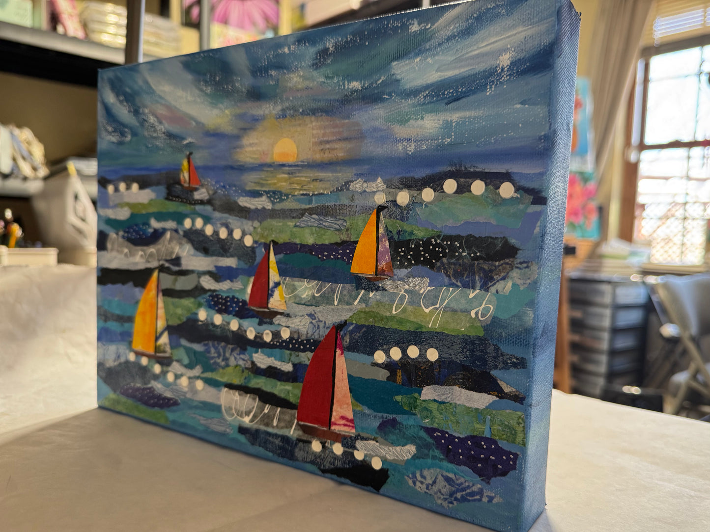 Seascape Sailboat Collage: Original Ocean Wave Painting, Coastal Art