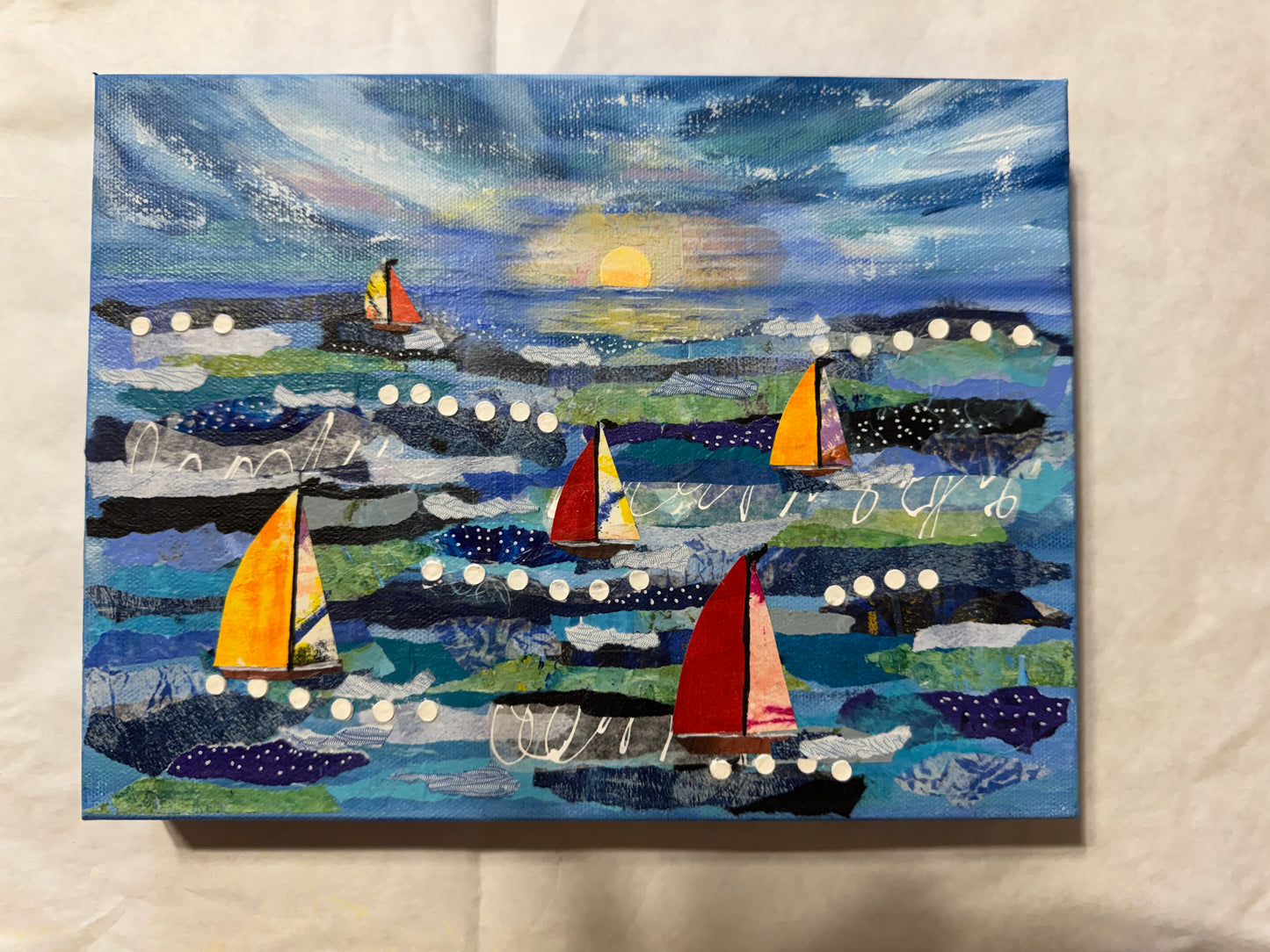 Seascape Sailboat Collage: Original Ocean Wave Painting, Coastal Art