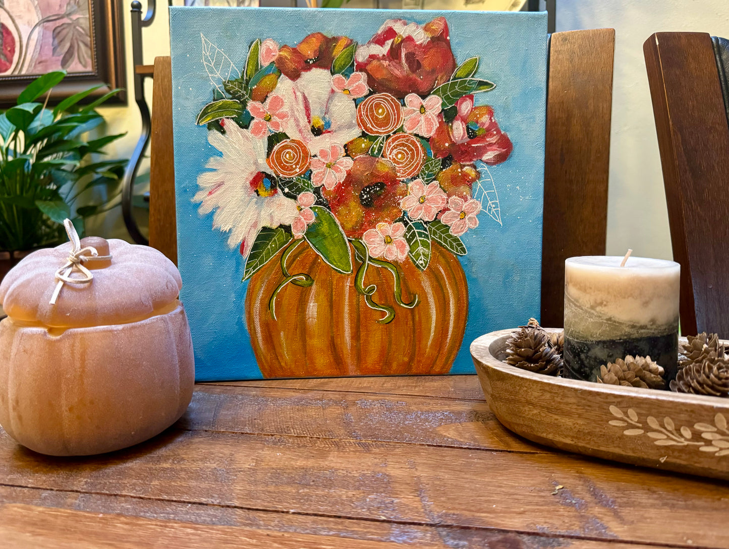 Pumpkin Blossom Floral Painting flower bouquet Vibrant painting Eye catching color Botanical design Nature home accent Garden