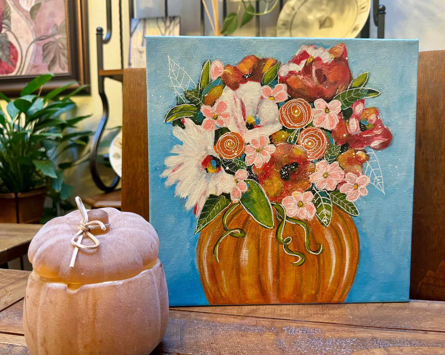 Pumpkin Blossom Floral Painting flower bouquet Vibrant painting Eye catching color Botanical design Nature home accent Garden