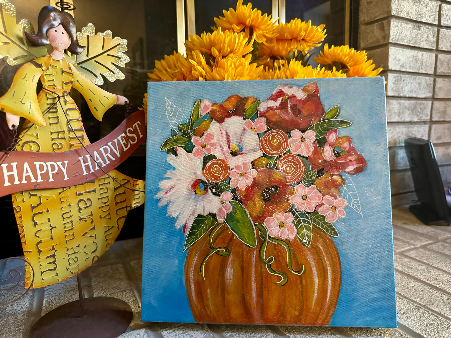 Pumpkin Blossom Floral Painting flower bouquet Vibrant painting Eye catching color Botanical design Nature home accent Garden