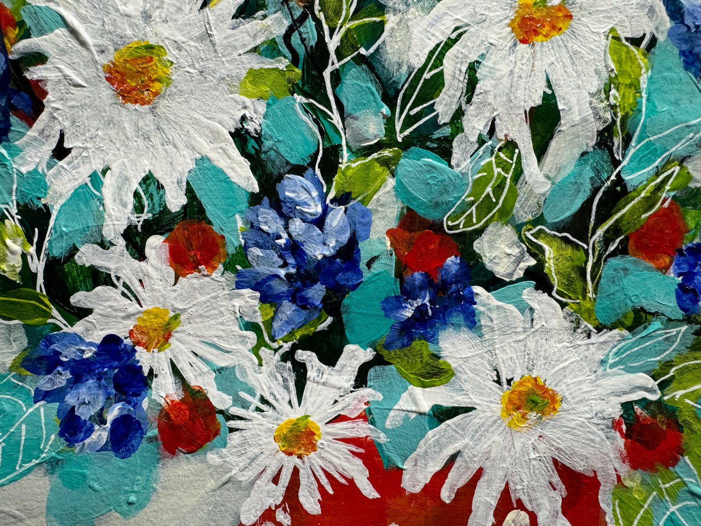 Dressed in Red Daisy in red Vase painting