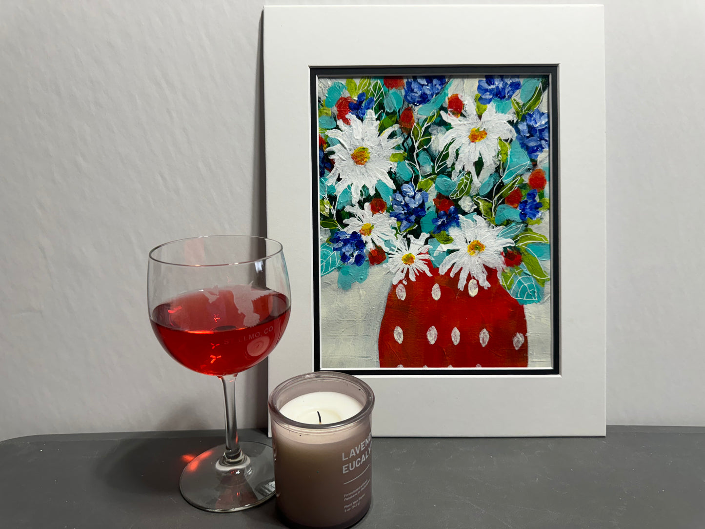 Dressed in Red Daisy in red Vase painting