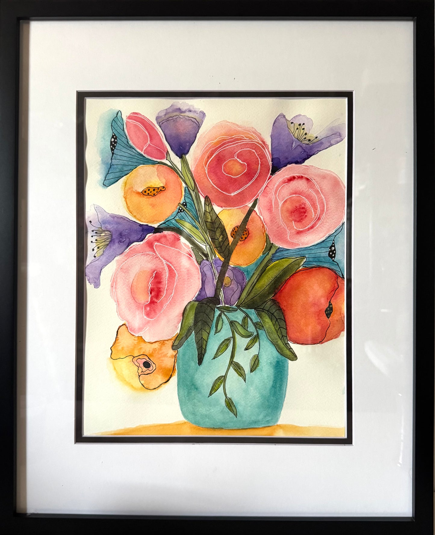 Aqua Shores Watercolor Painting Floral Bouquet Vase Original Art