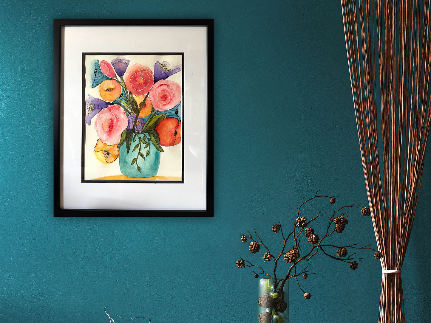 Aqua Shores Watercolor Painting Floral Bouquet Vase Original Art