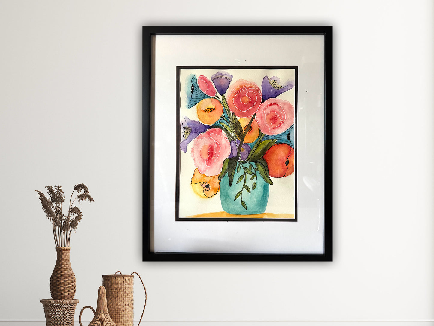 Aqua Shores Watercolor Painting Floral Bouquet Vase Original Art