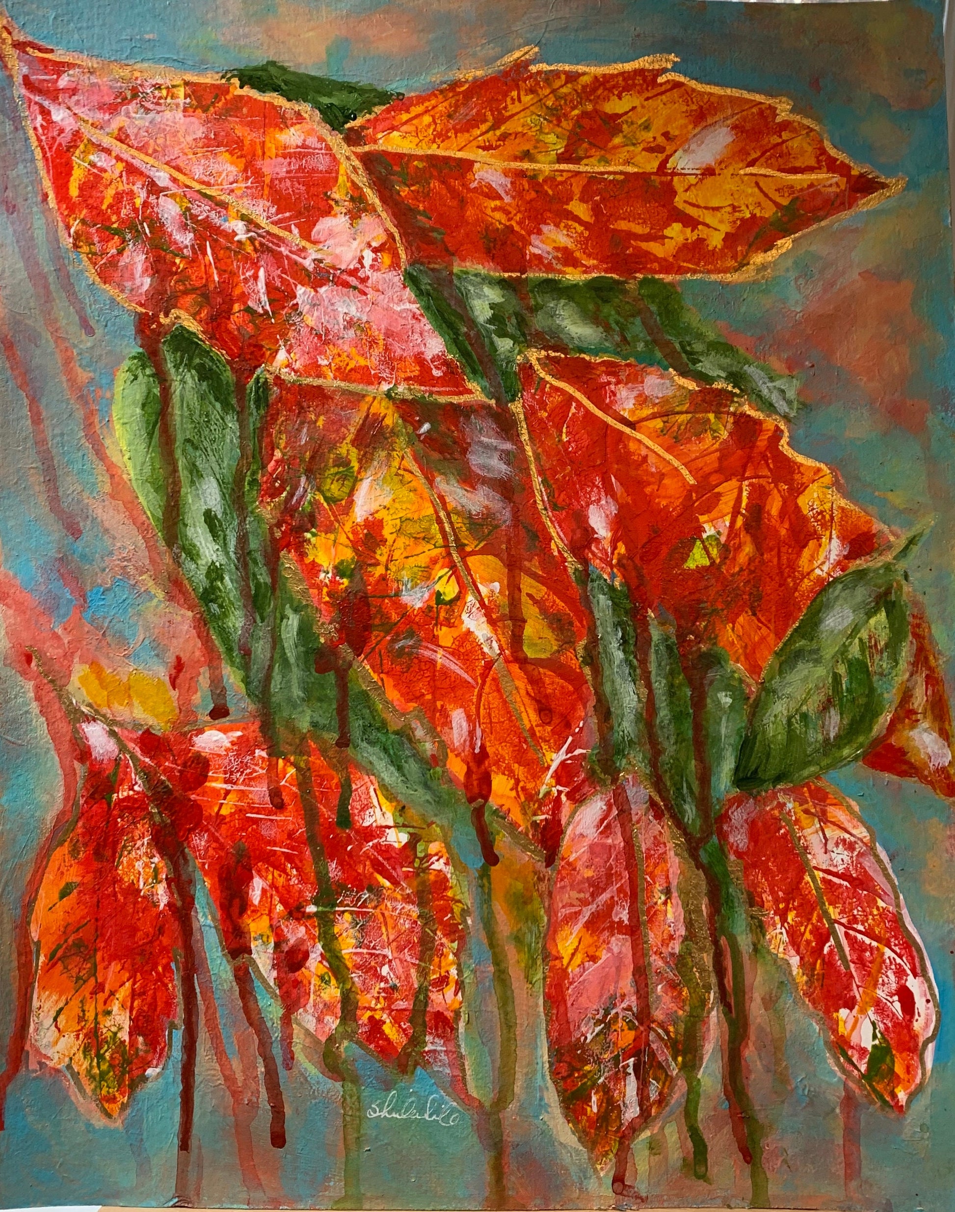 Fall Leaf Abstract Painting with Gold Accents Botanical Season change Autumn colors Matted to frame one of a kind accent decor