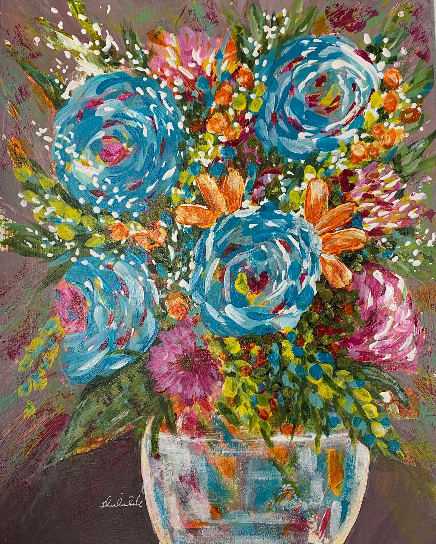 Joyous Flower bouquet in vase Rainbow colors Whimsical expressionist painting One of a kind nature wall art Garden decor