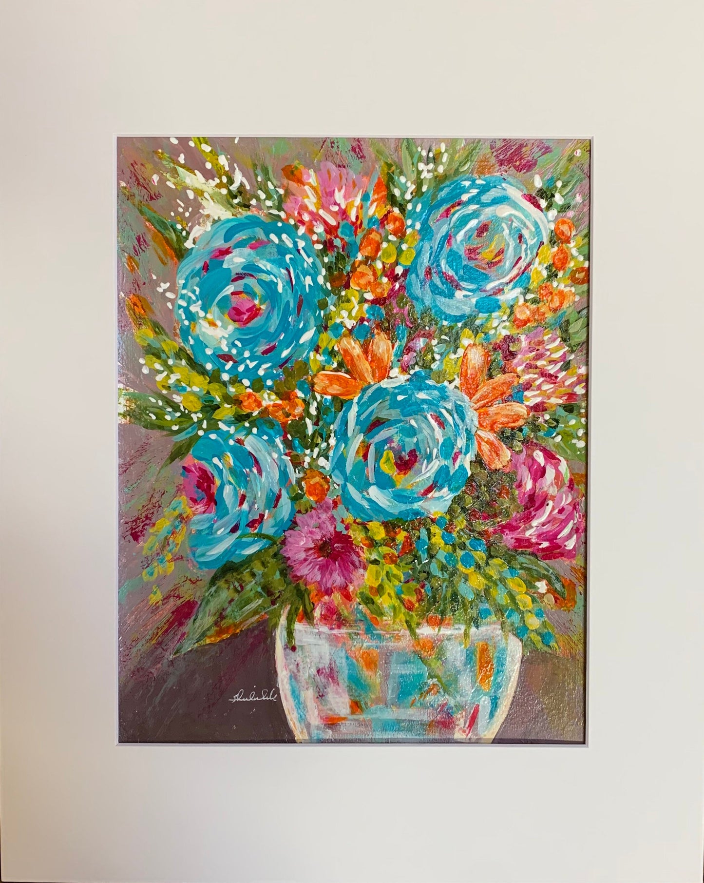 Joyous Flower bouquet in vase Rainbow colors Whimsical expressionist painting One of a kind nature wall art Garden decor