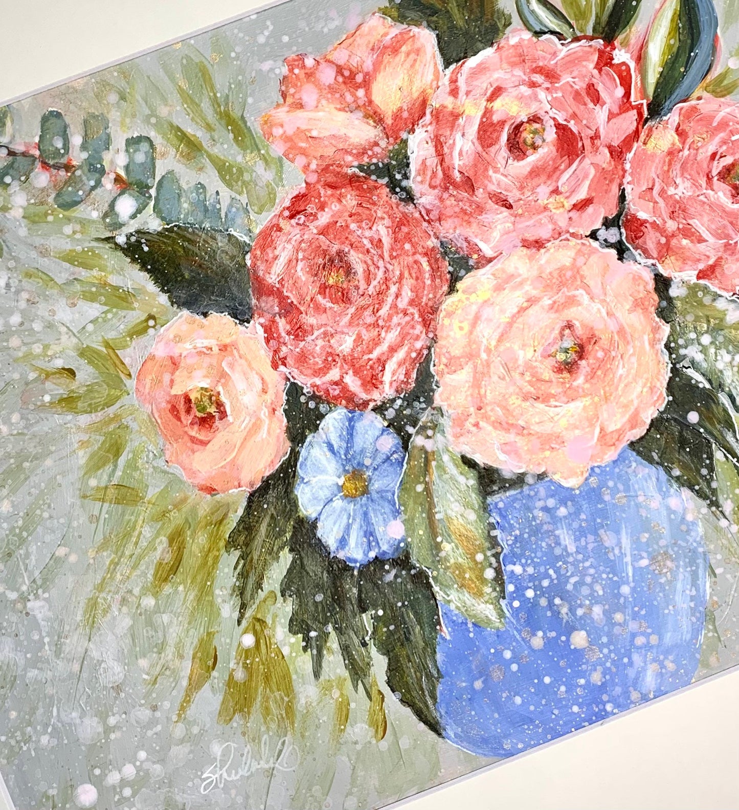 Roses in blue vase painting