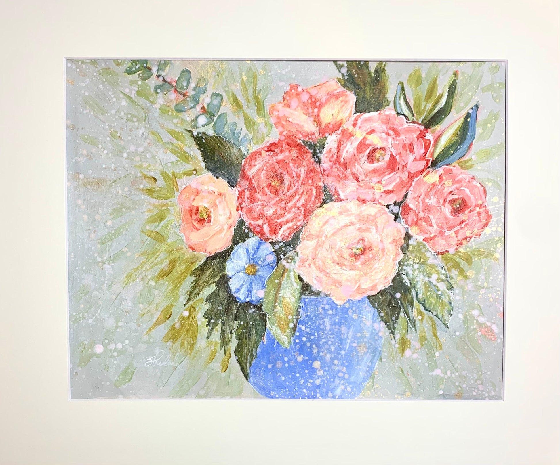 Roses in blue vase painting