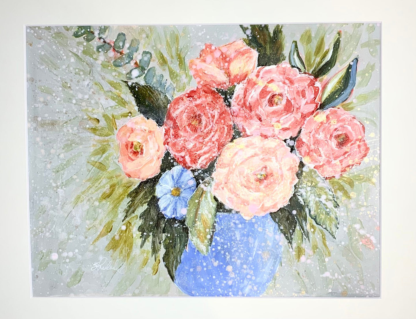 Roses in blue vase painting