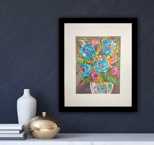 Joyous Flower bouquet in vase Rainbow colors Whimsical expressionist painting One of a kind nature wall art Garden decor