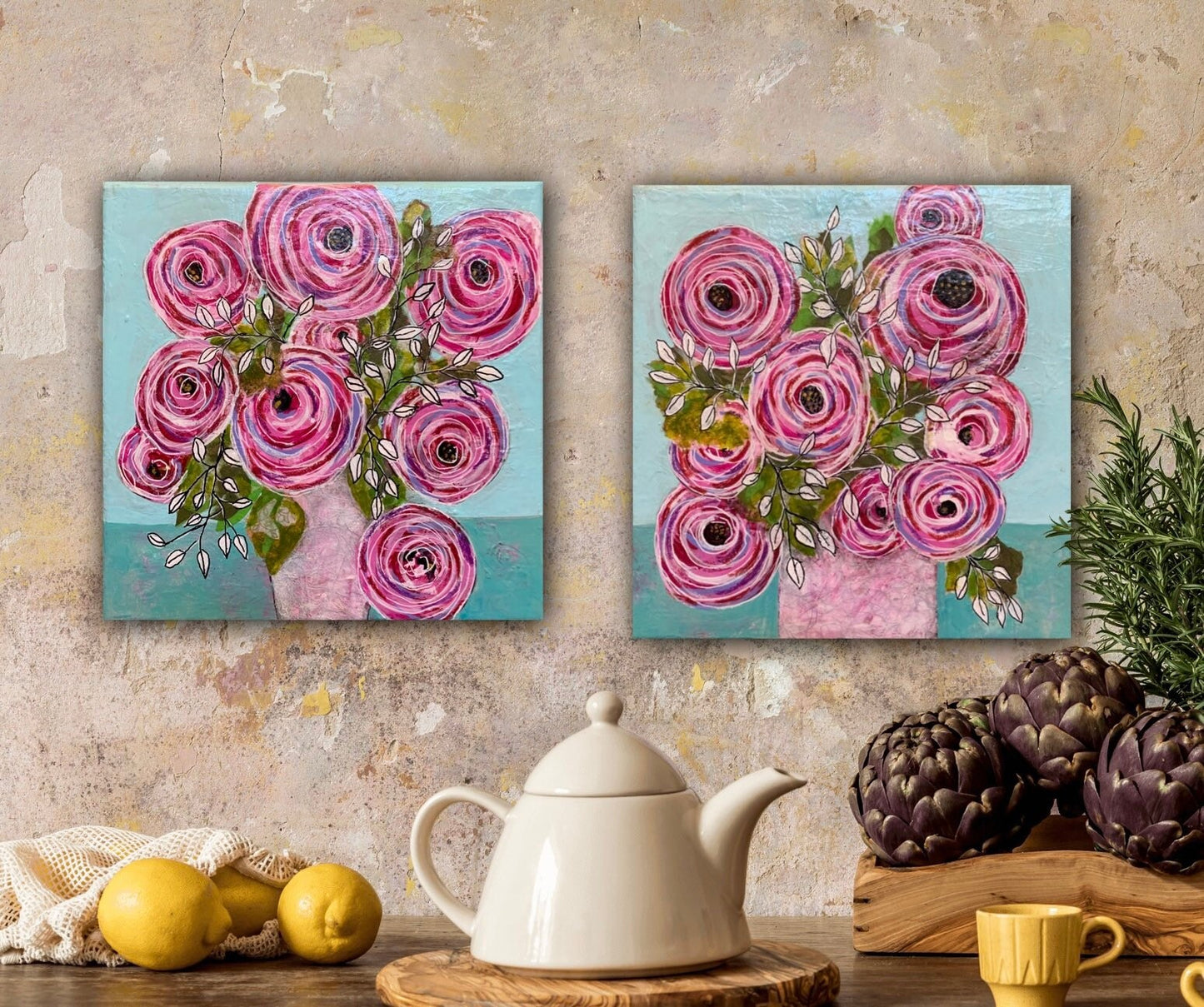 Whirling Blooms Roses painting Set of 2 in Rainbow colors Whimsical expressionist painting One of a kind nature wall art Garden