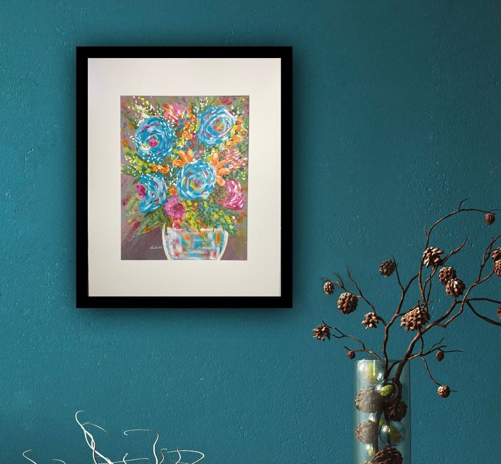 Joyous Flower bouquet in vase Rainbow colors Whimsical expressionist painting One of a kind nature wall art Garden decor