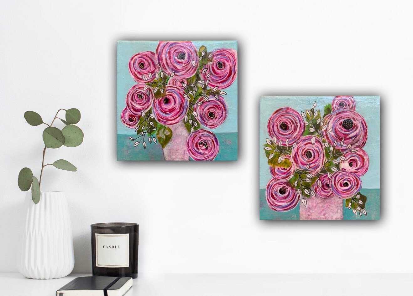 Whirling Blooms Roses painting Set of 2 in Rainbow colors Whimsical expressionist painting One of a kind nature wall art Garden