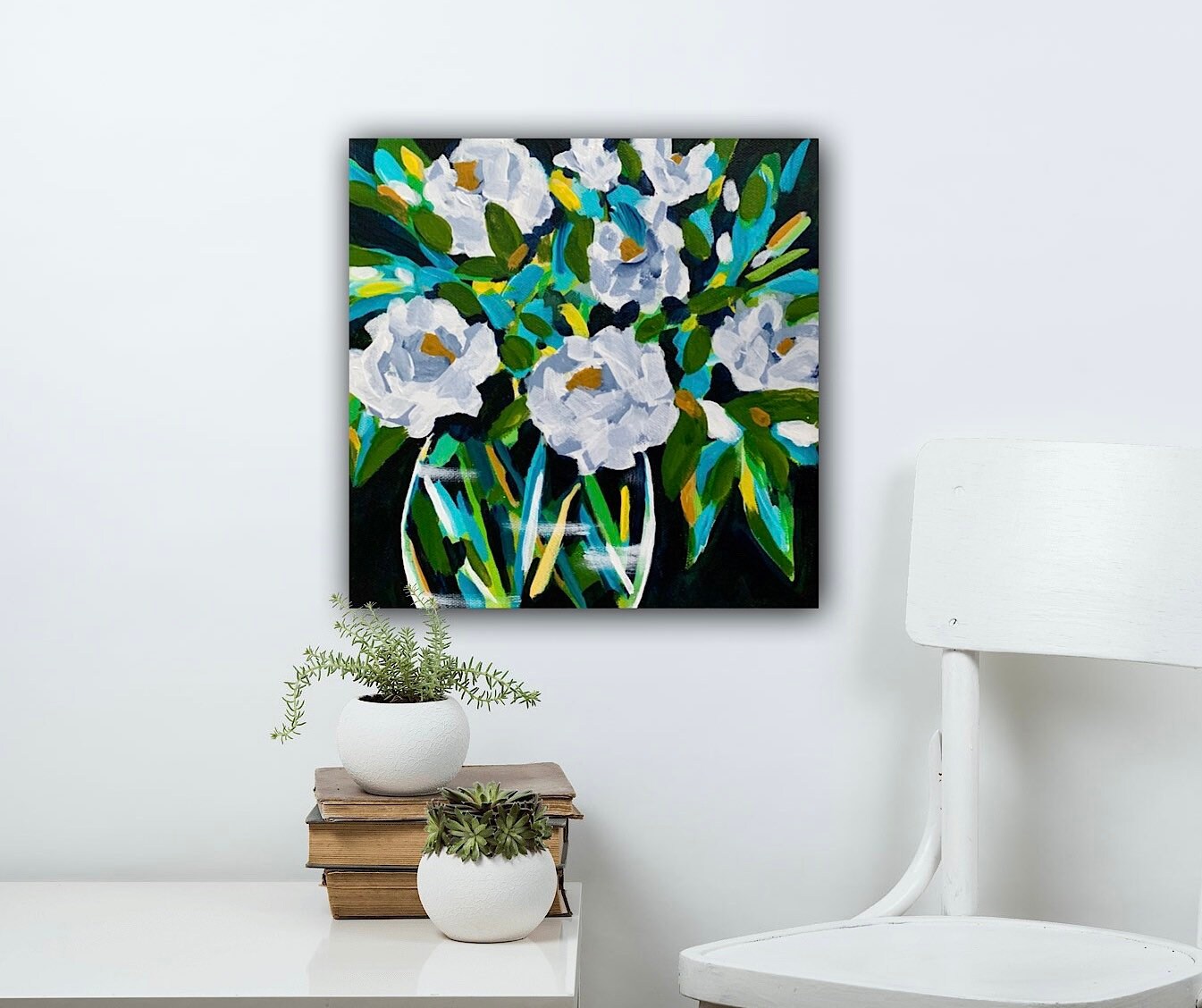 White flowers in vase classical painting Garden decor Eye catching color botanical design Nature home accent Feminine decor