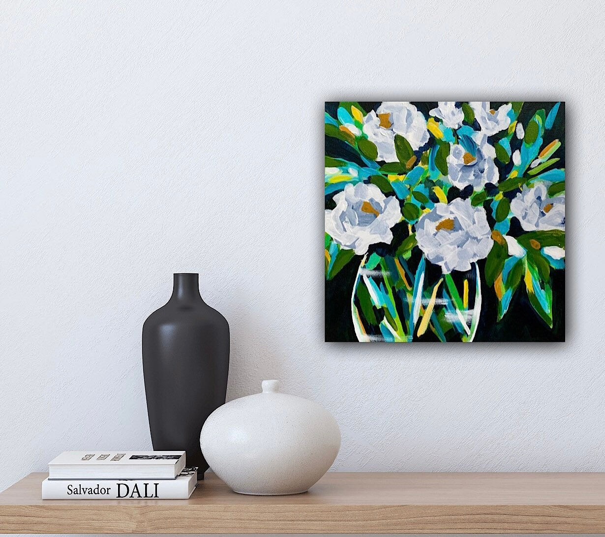 White flowers in vase classical painting Garden decor Eye catching color botanical design Nature home accent Feminine decor