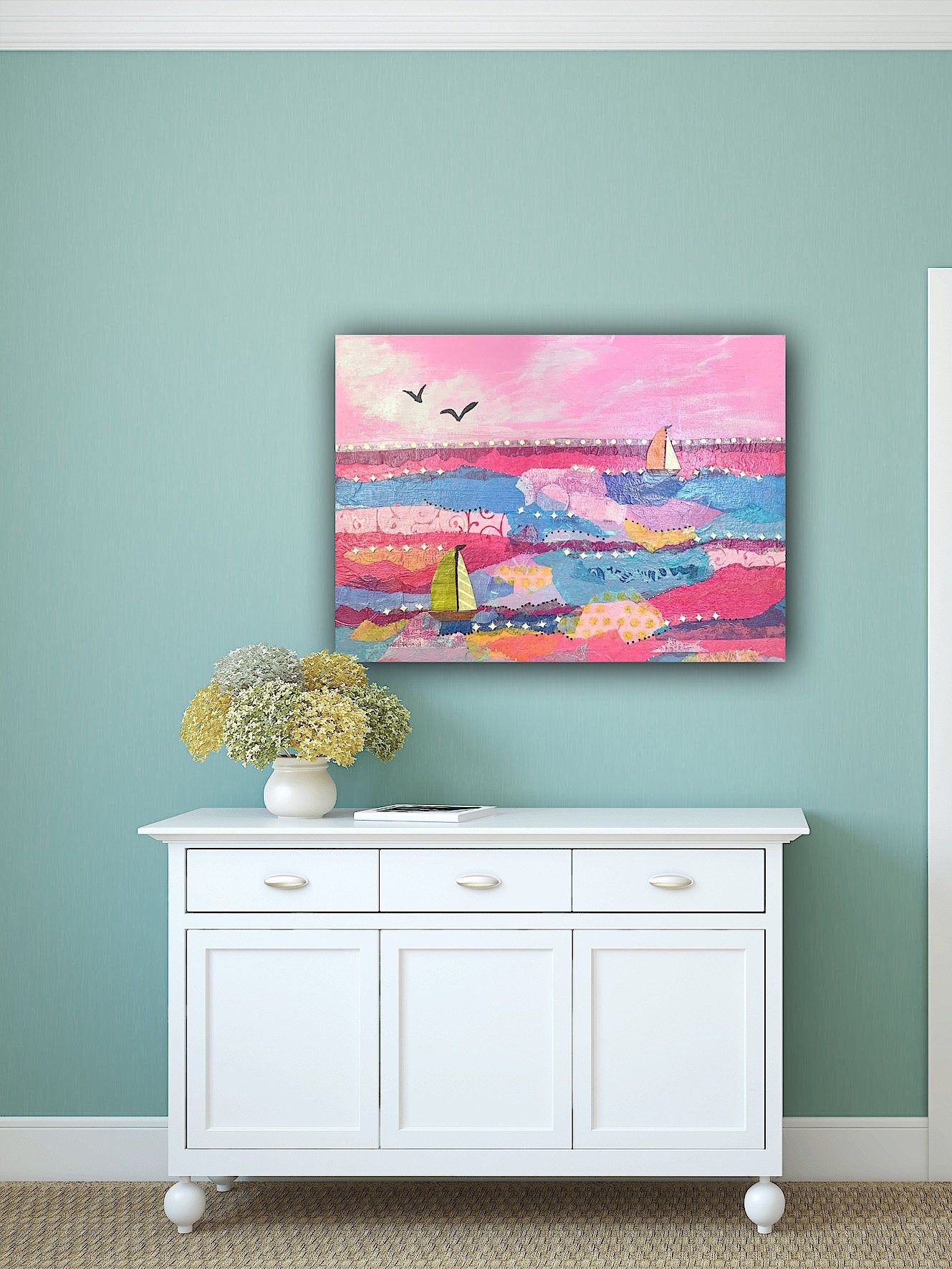 Seascape Sailboat Collage in Pink painting Ocean Wave Beach life Ocean lover Gift Original Seascape Decor Wave Beach Coastal art Ocean storm