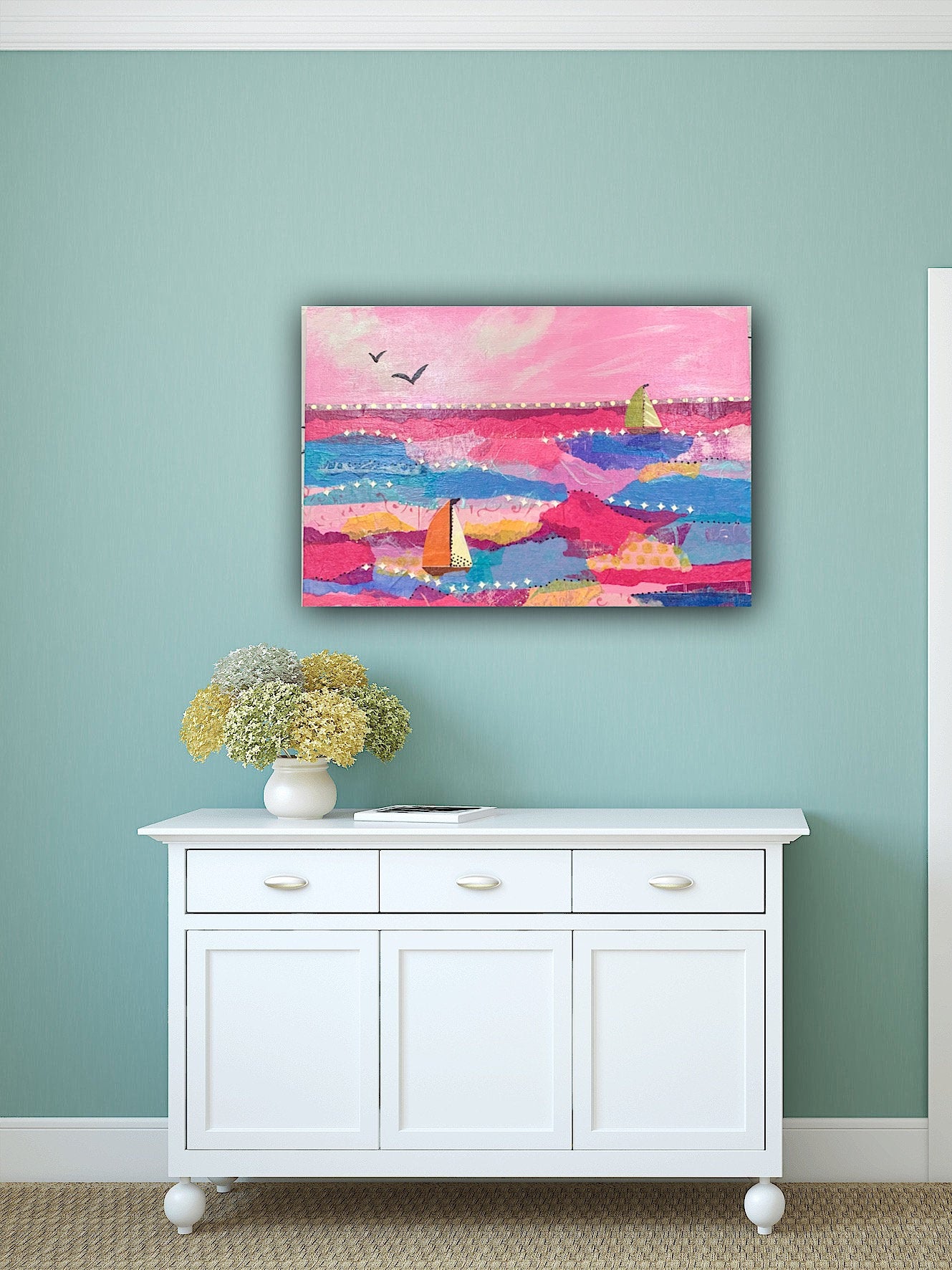 Seascape Sailboat Collage in Pink painting Ocean Wave Beach life Ocean lover Gift Original Seascape Decor Wave Beach Coastal art Ocean storm