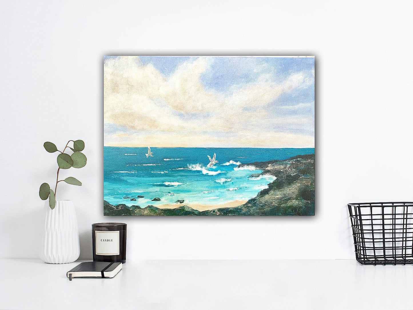 Ocean Cliffs Painting Beach life Ocean lover Gift Original painting Soothing Seascape Decor Waves Beach decor Coastal art Seagulls Sand Wave